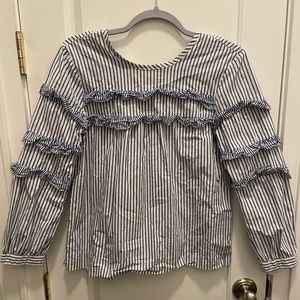 J. Crew Cotton Ruffle Long Sleeve Navy Stripe Top
